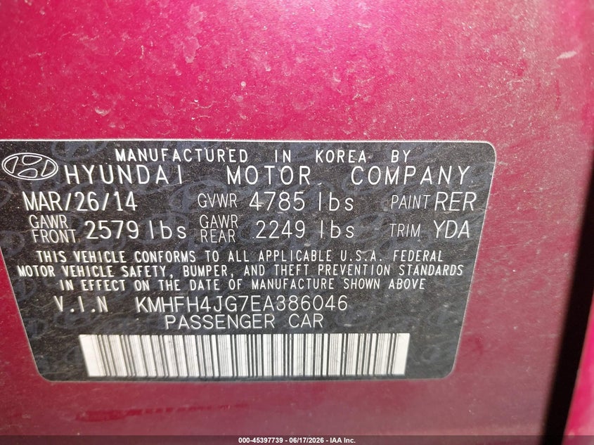 2014 Hyundai Azera Limited VIN: KMHFH4JG7EA386046 Lot: 45397739