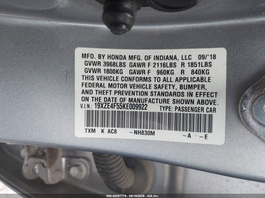 2019 Honda Insight Ex VIN: 19XZE4F55KE009922 Lot: 45397776