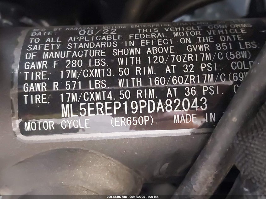 2023 Kawasaki Er650 P VIN: ML5EREP19PDA82043 Lot: 45397788