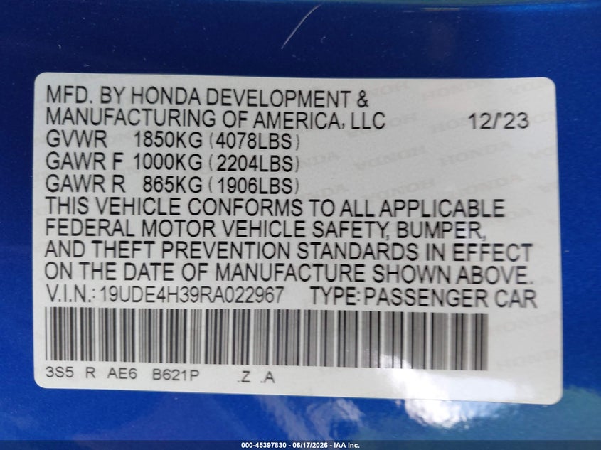2024 Acura Integra A-Spec VIN: 19UDE4H39RA022967 Lot: 45397830