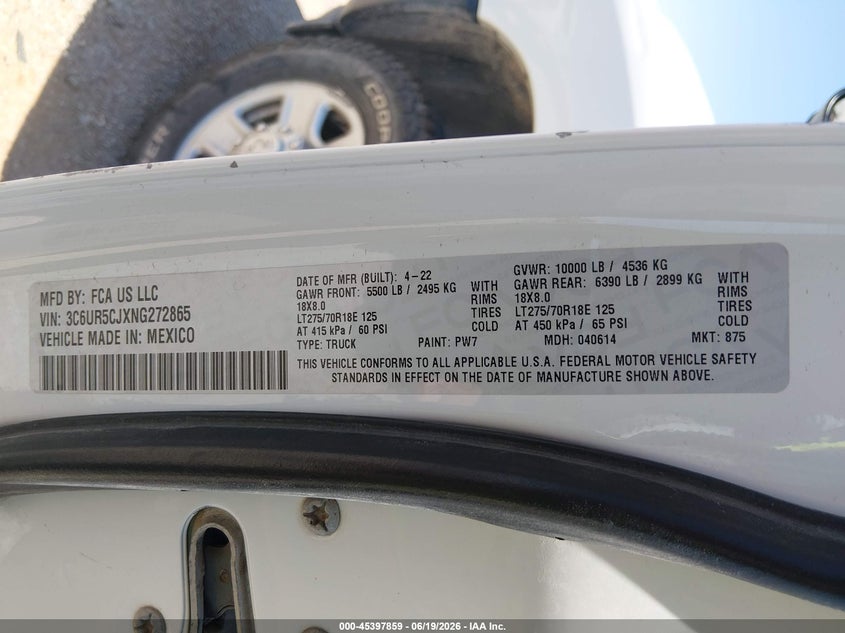 Vin: 3c6ur5cjxng272865, lot: 45895862, ram 2500 tradesman  4x4 6'4 box 20224