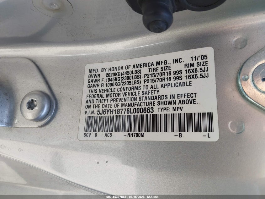 2006 Honda Element Ex-P VIN: 5J6YH18776L000663 Lot: 45397865