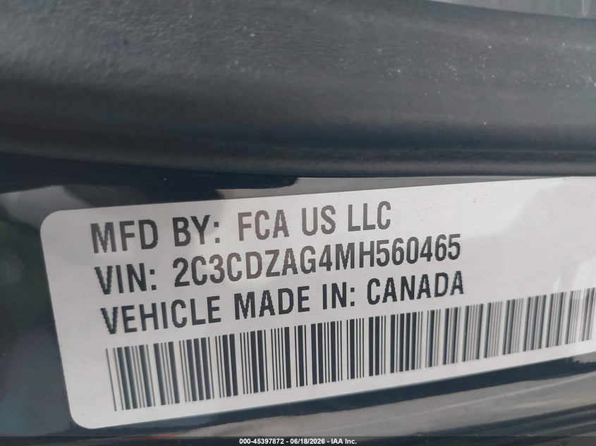 2021 Dodge Challenger Sxt VIN: 2C3CDZAG4MH560465 Lot: 45397872