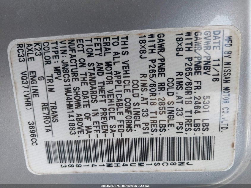 2017 Infiniti Qx70 VIN: JN8CS1MU4HM141883 Lot: 45397875