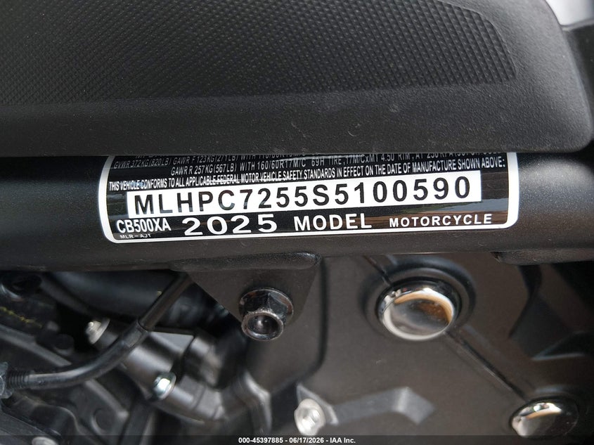 2025 Honda Cb500 Xa VIN: MLHPC7255S5100590 Lot: 45397885
