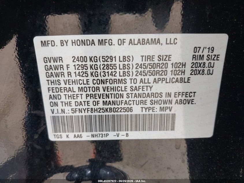 2019 Honda Passport Sport VIN: 5FNYF8H25KB022506 Lot: 45397922