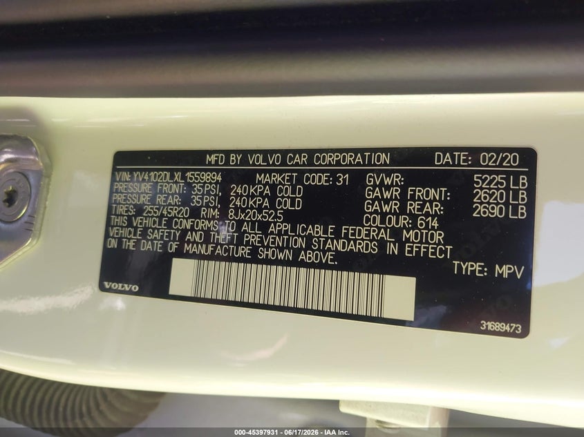 2020 Volvo Xc60 T5 Inscription VIN: YV4102DLXL1559894 Lot: 45397931