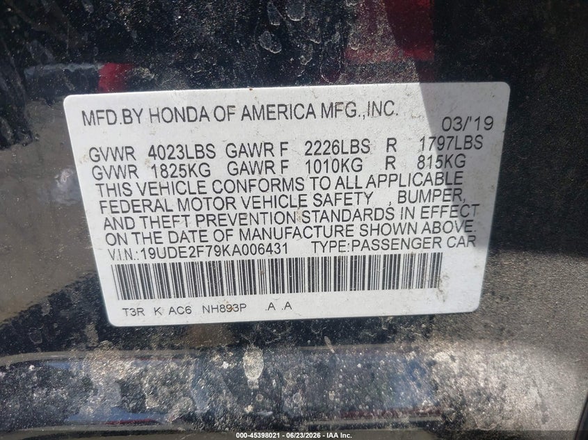 2019 Acura Ilx Premium Package/W/Technology Pkg VIN: 19UDE2F79KA006431 Lot: 45398021