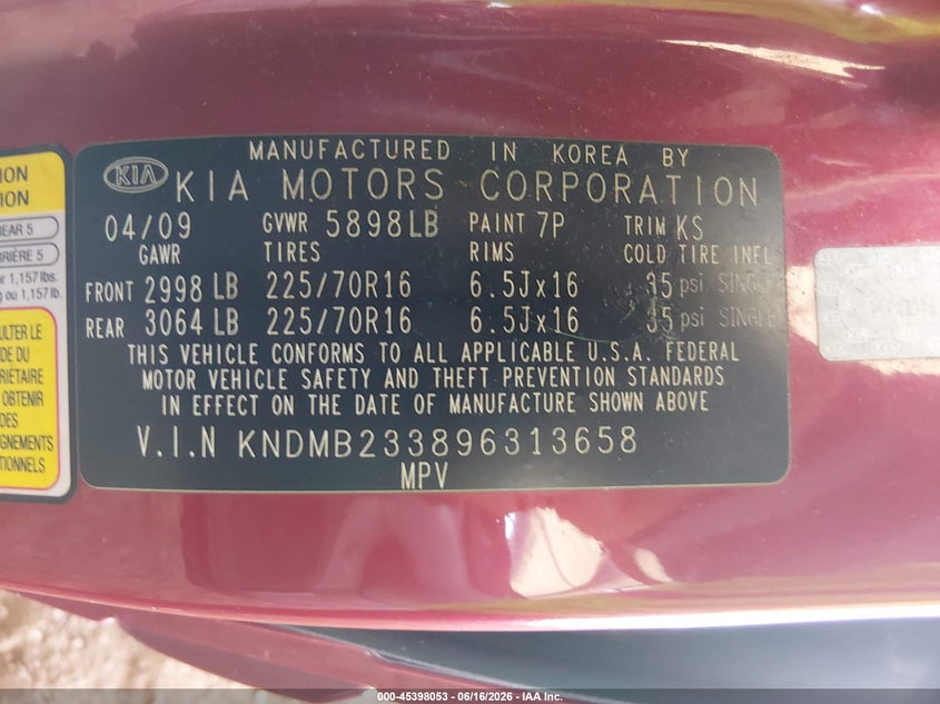 2009 Kia Sedona Lx VIN: KNDMB233896313658 Lot: 45398053