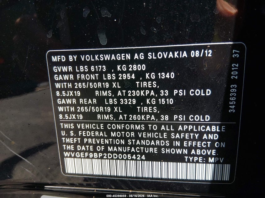 2013 Volkswagen Touareg Vr6 Lux VIN: WVGEF9BP2DD005424 Lot: 45398059