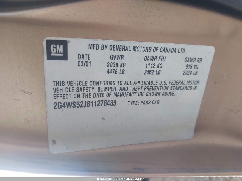 2001 Buick Century Custom VIN: 2G4WS52J811276483 Lot: 45398079