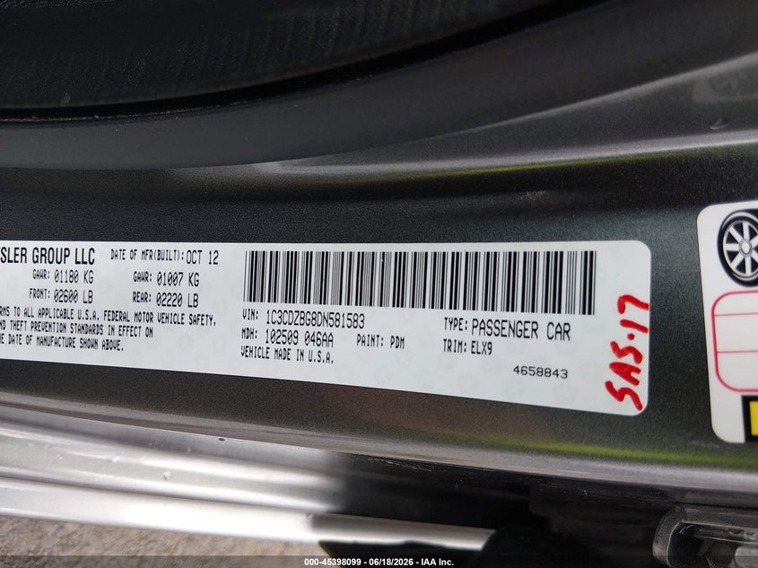 2013 Dodge Avenger R/T VIN: 1C3CDZBG8DN581583 Lot: 45398099