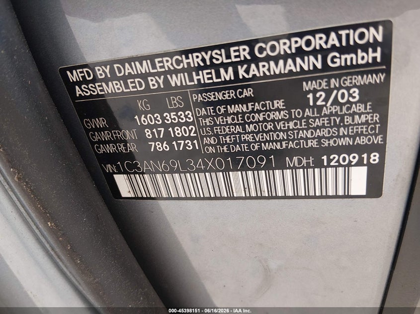 2004 Chrysler Crossfire VIN: 1C3AN69L34X017091 Lot: 45398151