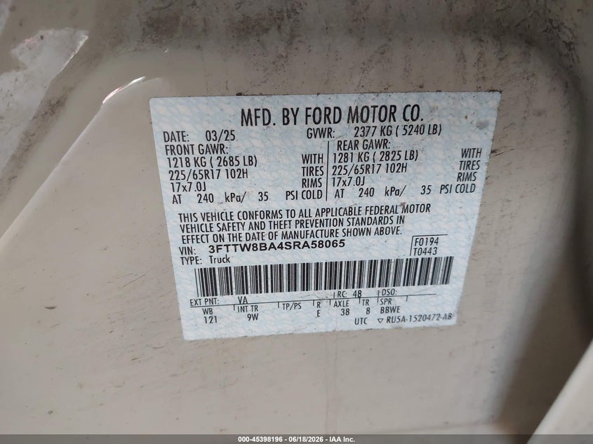 2025 Ford Maverick Xl VIN: 3FTTW8BA4SRA58065 Lot: 45398196