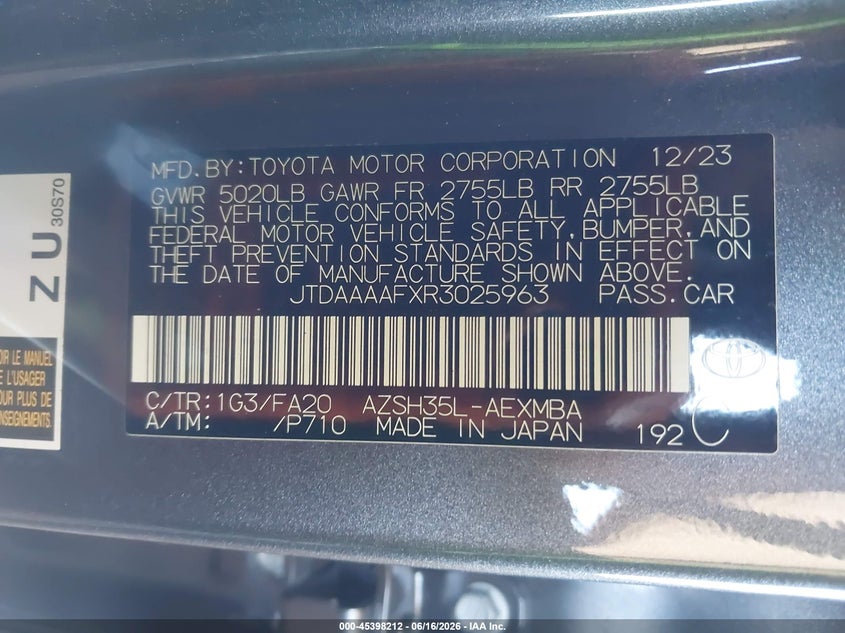 2024 Toyota Crown Xle VIN: JTDAAAAFXR3025963 Lot: 45398212