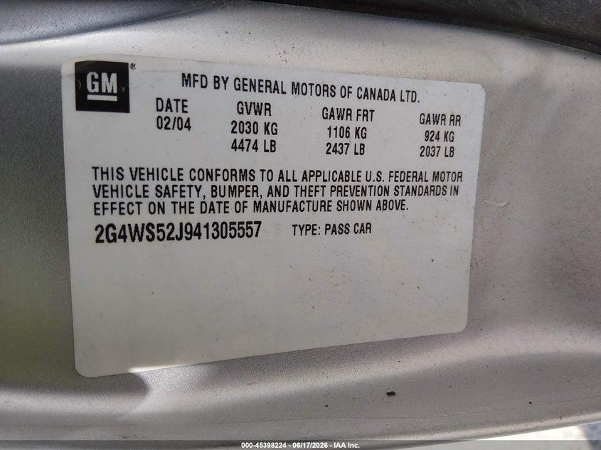 2004 Buick Century VIN: 2G4WS52J941305557 Lot: 45398224
