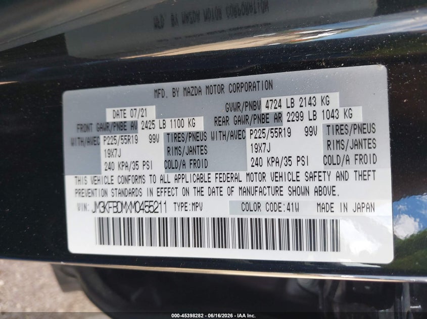 MAZDA CX-5 2021 VIN JM3KFBDMXM0455211