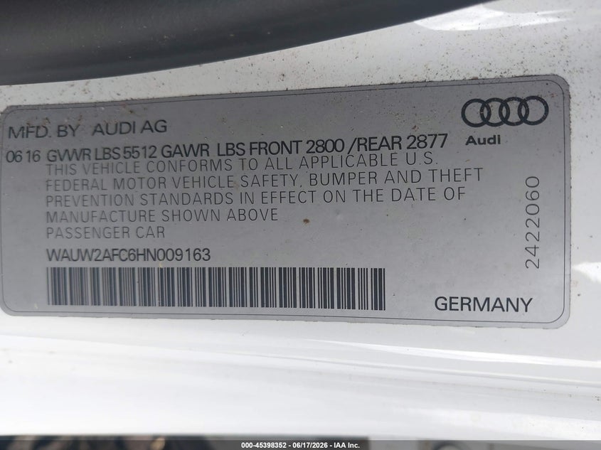 2017 Audi A7 Premium Plus VIN: WAUW2AFC6HN009163 Lot: 45398352