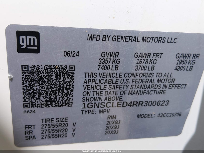 VIN 1GNSC1ED4RR300623 2024 CHEVROLET TAHOE