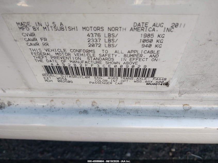 2012 Mitsubishi Galant Fe VIN: 4A32B2FF3CE009029 Lot: 45398404