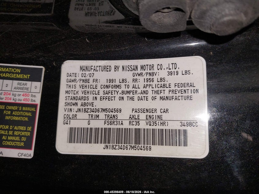 2007 Nissan 350Z VIN: JN1BZ34D67M504569 Lot: 45398409