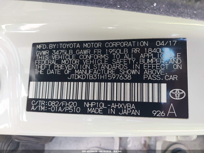 2017 Toyota Prius C One VIN: JTDKDTB31H1597638 Lot: 45398438