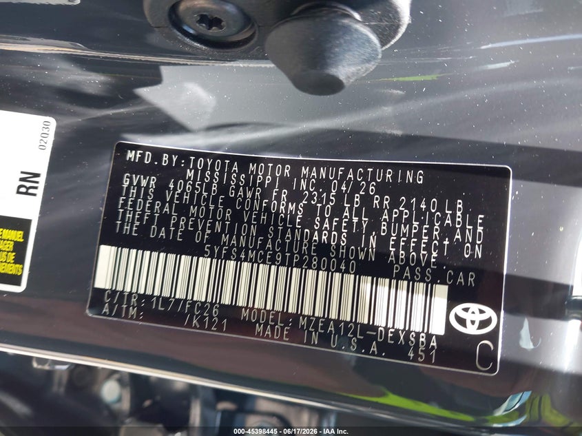 VIN 5YFS4MCE9TP280040 2026 TOYOTA COROLLA SE