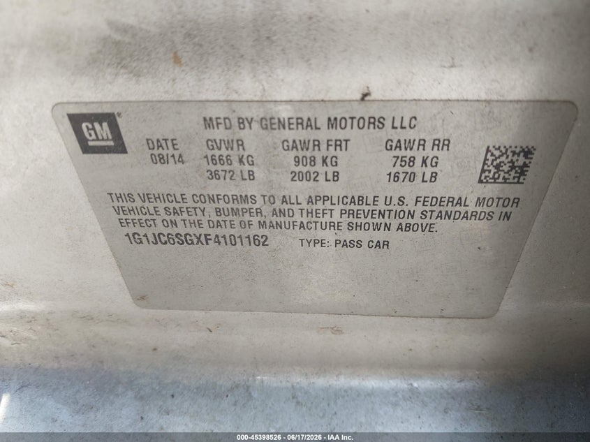 CHEVROLET SONIC 2015 VIN 1G1JC6SGXF4101162