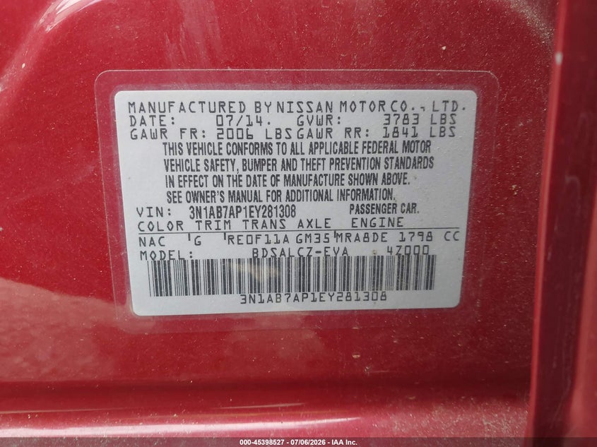NISSAN SENTRA 2014 VIN 3N1AB7AP1EY281308