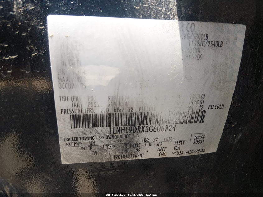 2011 Lincoln Mks VIN: 1LNHL9DRXBG606824 Lot: 45398575