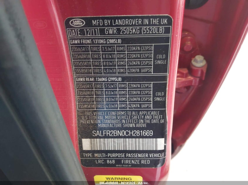 2012 Land Rover Lr2 VIN: SALFR2BN0CH281669 Lot: 45398598