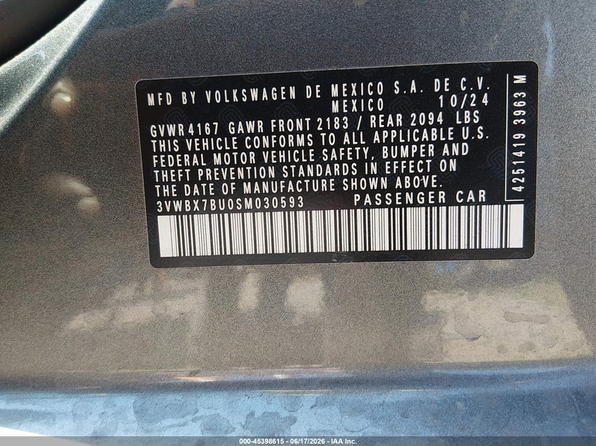 VOLKSWAGEN JETTA 2025 VIN 3VWBX7BU0SM030593