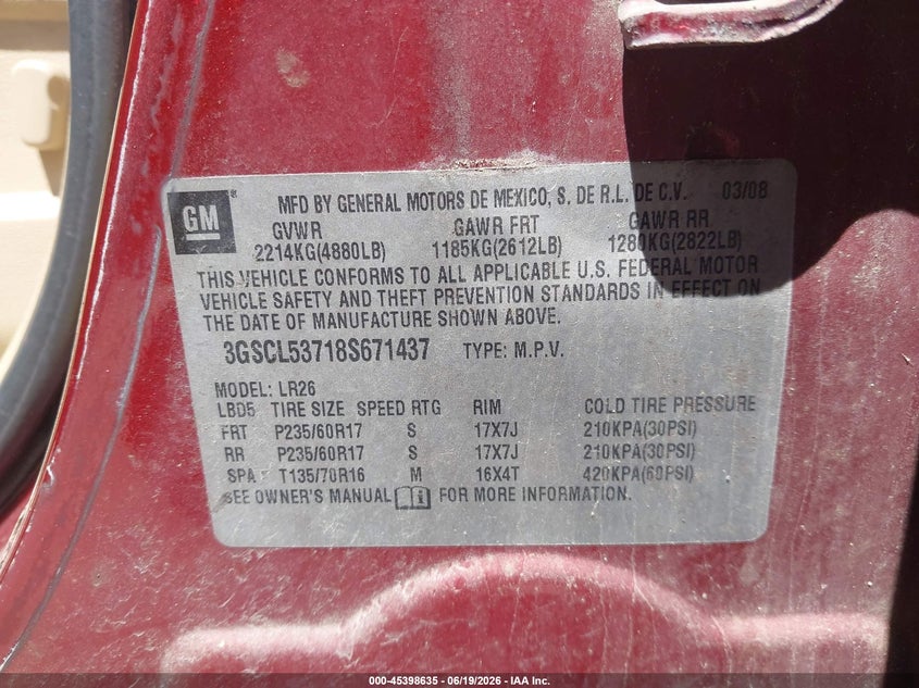 2008 Saturn Vue V6 Xr VIN: 3GSCL53718S671437 Lot: 45398635