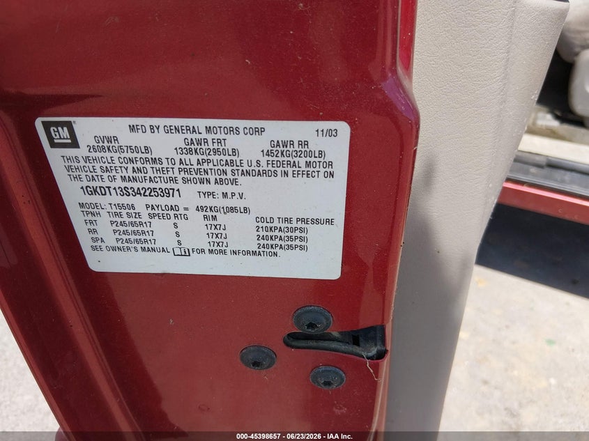 2004 GMC Envoy Sle VIN: 1GKDT13S342253971 Lot: 45398657