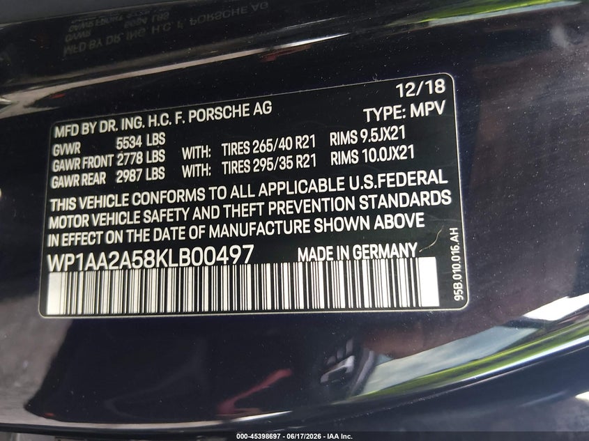 2019 Porsche Macan VIN: WP1AA2A58KLB00497 Lot: 45398697