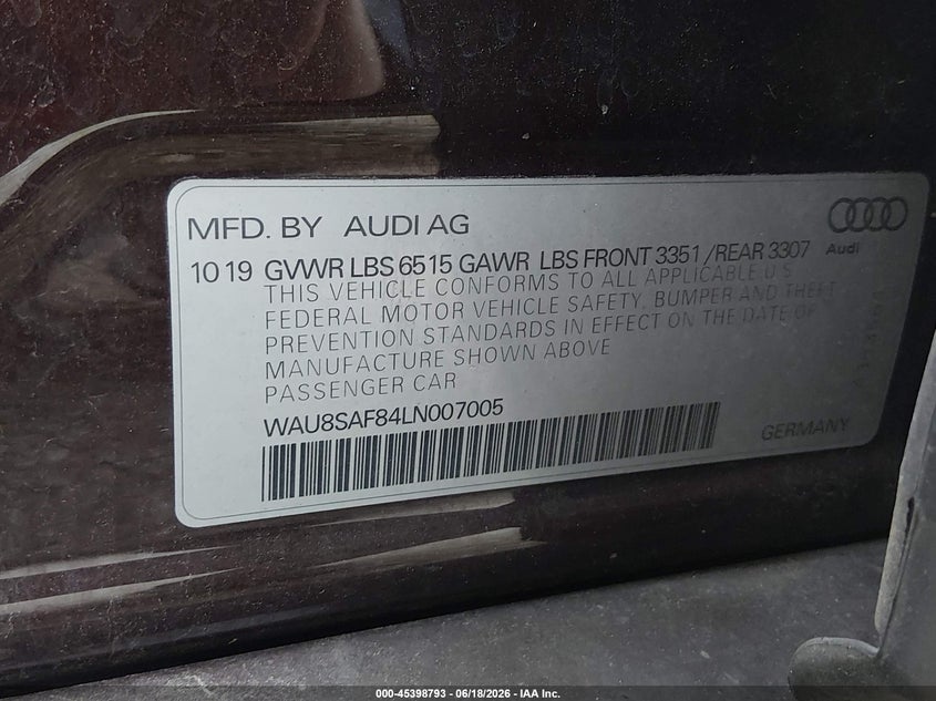 2020 AUDI S8 SEDAN 4.0L V-8 DI, DOHC, VVT, TURBO, 563HP
