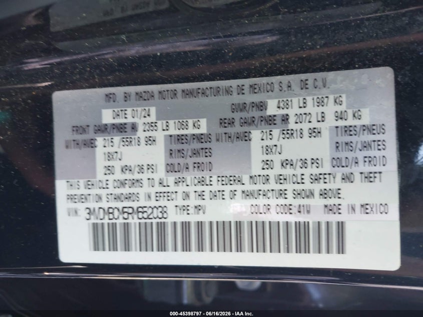 2024 Mazda Cx-30 2.5 S Preferred Package VIN: 3MVDMBCM5RM652038 Lot: 45398797