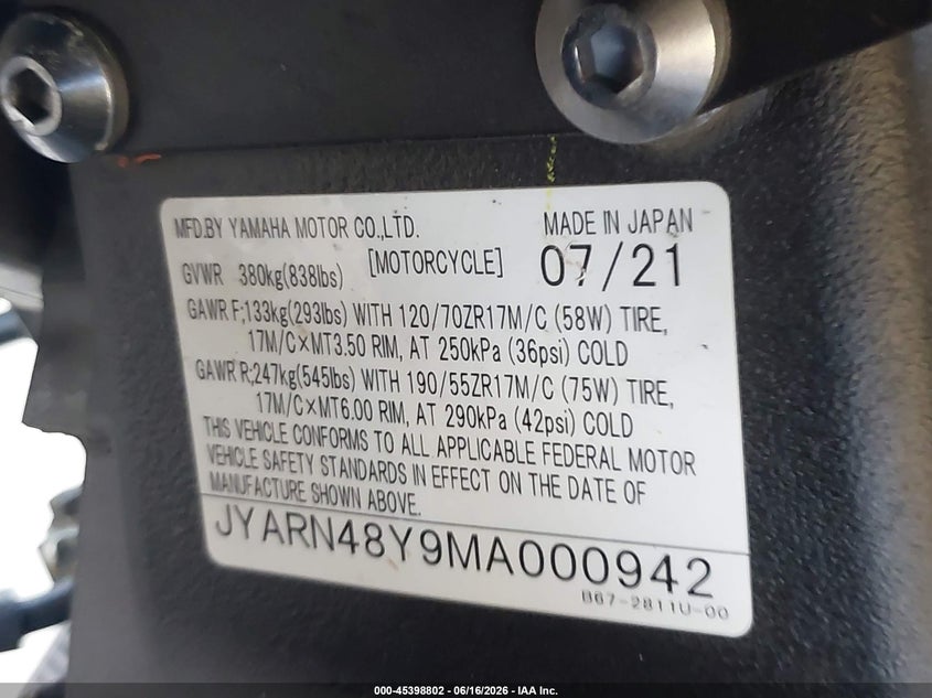2021 Yamaha Mtn1000 C VIN: JYARN48Y9MA000942 Lot: 45398802