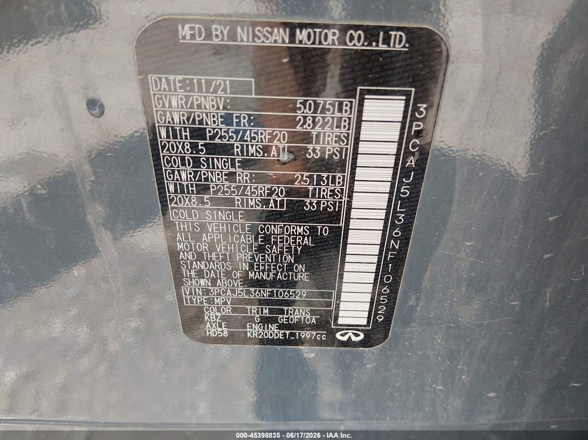 2022 Infiniti Qx55 Sensory Awd VIN: 3PCAJ5L36NF106529 Lot: 45398835