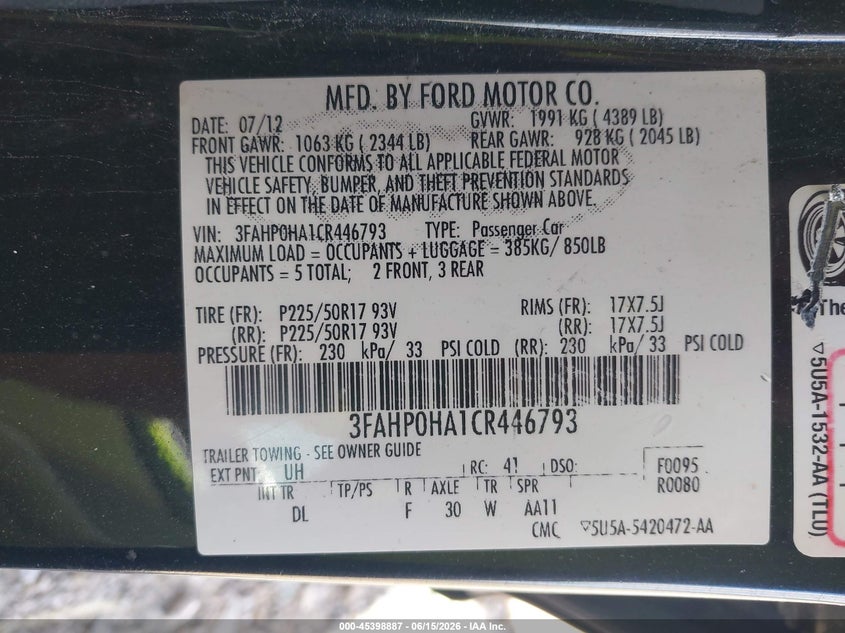 2012 FORD FUSION SEDAN 2.5L I-4 DOHC, VVT, 175HP