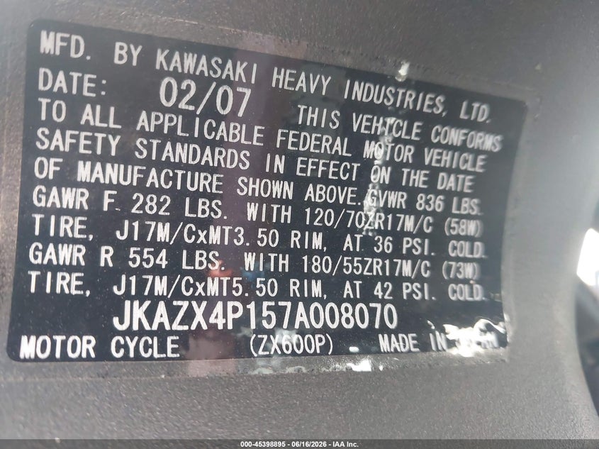 2007 Kawasaki Zx600 P VIN: JKAZX4P157A008070 Lot: 45398895