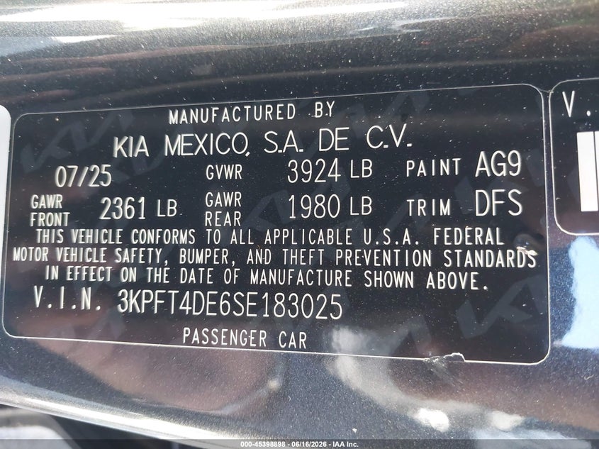 2025 Kia K4 Lxs VIN: 3KPFT4DE6SE183025 Lot: 45398898