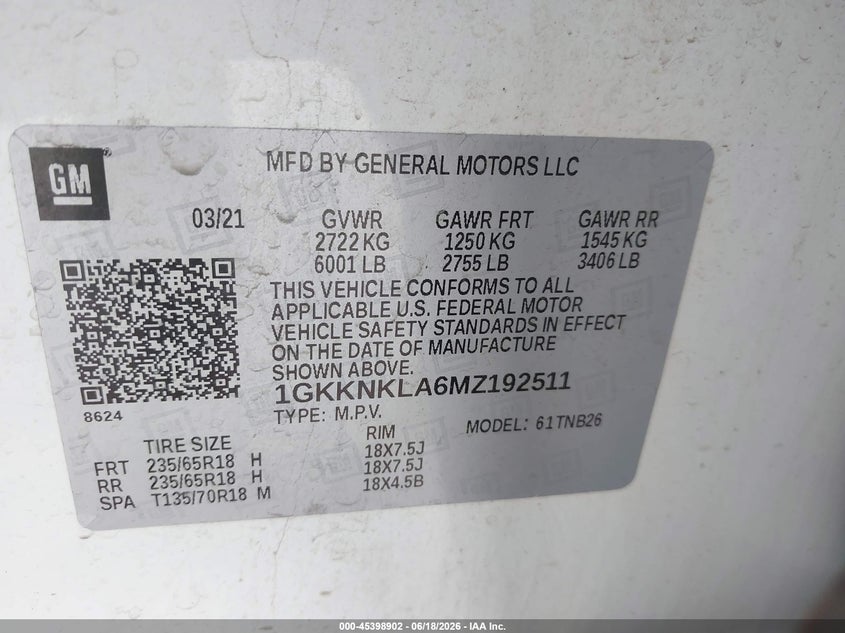 2021 GMC ACADIA SPORT UTILITY VEHICLE 2.5L I-4 DI, DOHC, VVT, 193HP