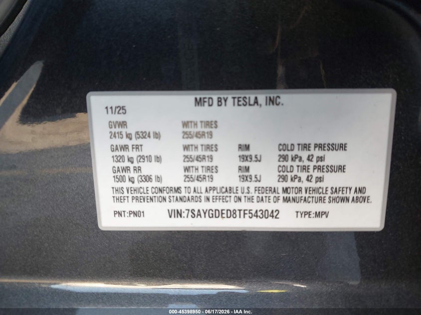 2026 Tesla Model Y Premium Rear-Wheel Drive/Rear-Wheel Drive VIN: 7SAYGDED8TF543042 Lot: 45398950