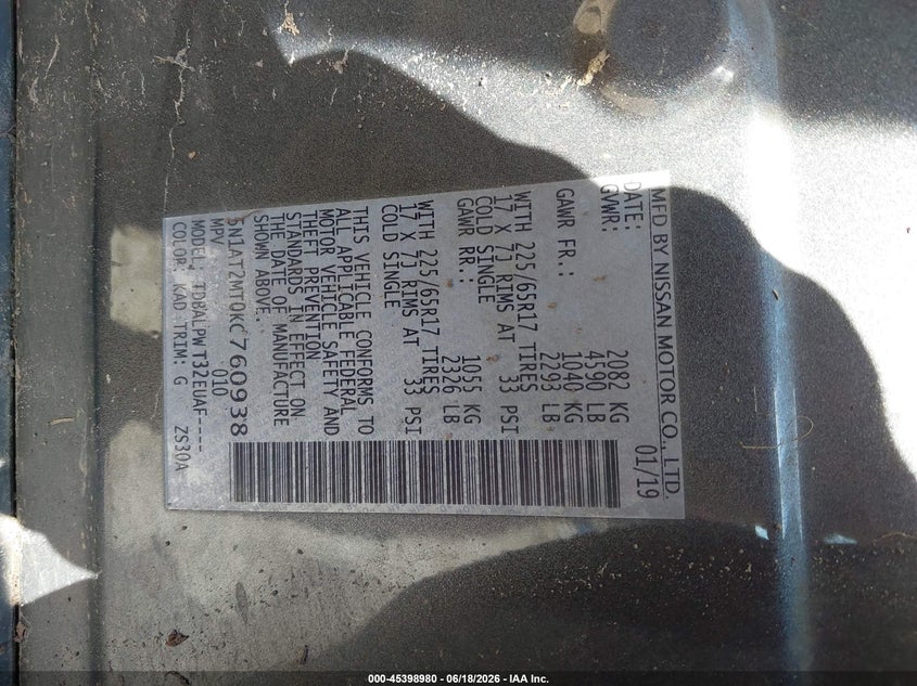 VIN 5N1AT2MT0KC760938 2019 NISSAN ROGUE S