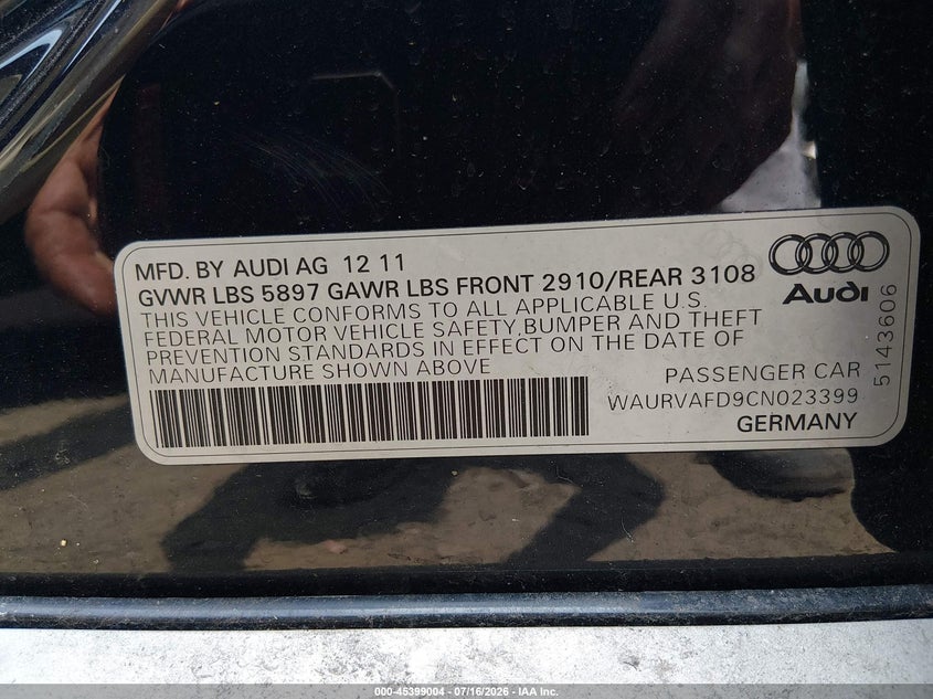 2012 Audi A8 L L 4.2 (Tiptronic) (No Longer Orderable) VIN: WAURVAFD9CN023399 Lot: 45399004