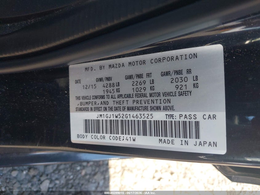 2016 MAZDA 6 SEDAN 2.5L I-4 DI, DOHC, VVT, 184HP