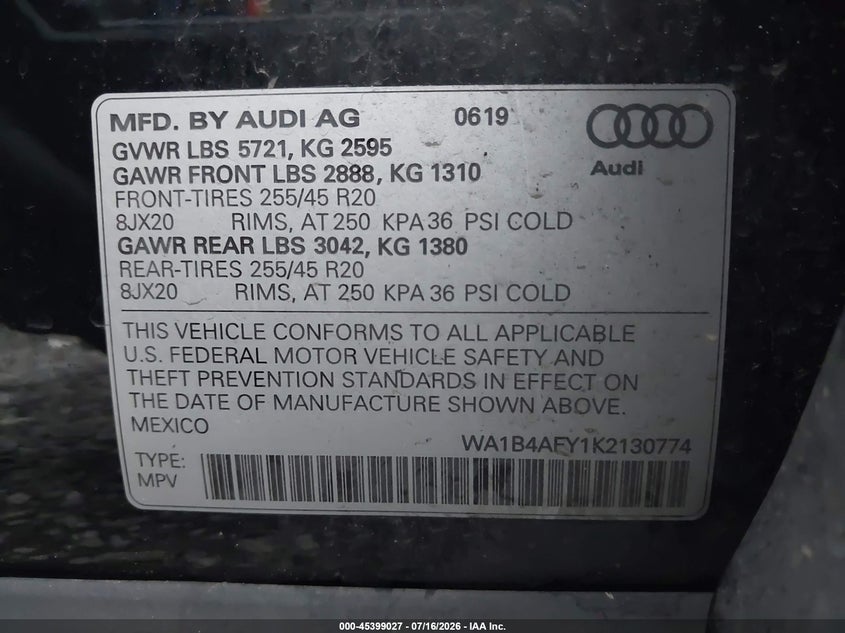 2019 Audi Sq5 3.0T Premium VIN: WA1B4AFY1K2130774 Lot: 45399027
