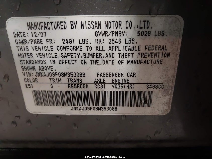 2008 Infiniti Ex35 Journey VIN: JNKAJ09F08M353088 Lot: 45399031