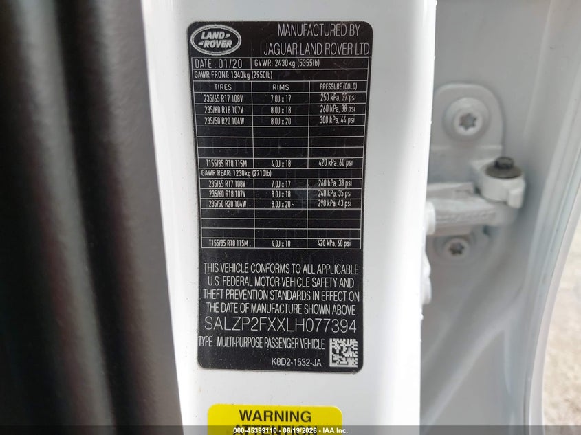 2020 Land Rover Range Rover Evoque Se VIN: SALZP2FXXLH077394 Lot: 45399110